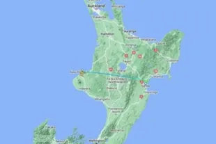 A map of New Zealand's North Island shows the route between New Plymouth and Napier made by Moira and Anaru's plane in light blue.