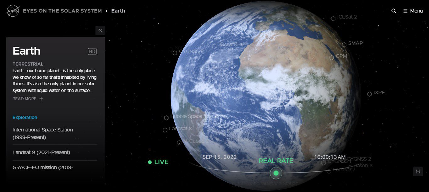 View of Earth from NASA's eyes on the position of the solar system (screenshot)