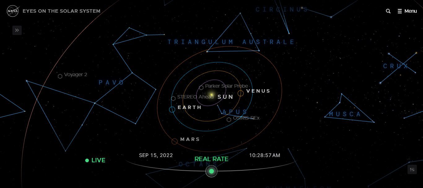 View of the constellations on the eyes of NASA on the location of the solar system (screenshot)