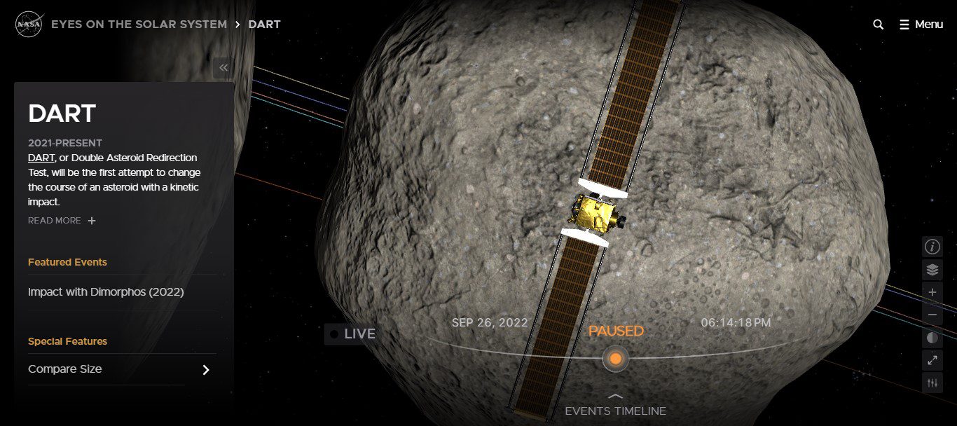 Simulating a NASA DART mission target in Eyes on the Solar System (screenshot)