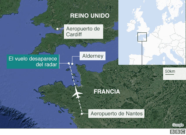 Map of the area where the plane in which Emiliano Sala was traveling disappeared