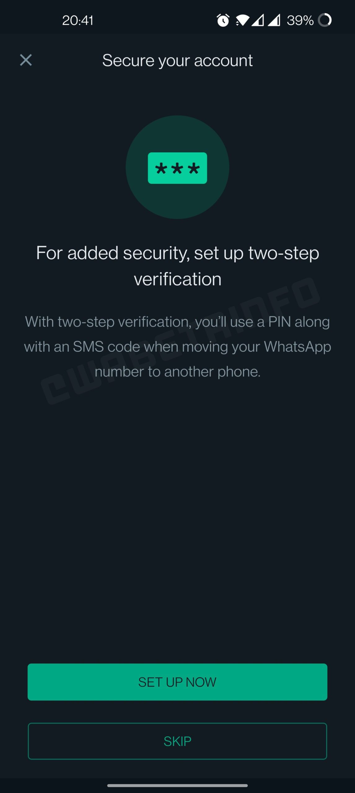 Notice to enable 2-Step Verification on WhatsApp (WABetaInfo)